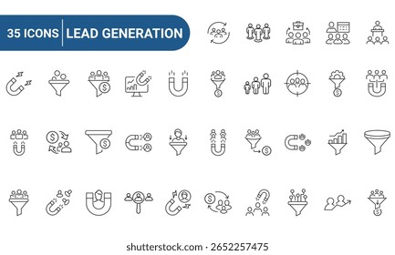 Lead Generation Web Icons Set in Line or outline Style related to Lead Generation. Includes marketing funnel, and business sales process. Linear icons collection. Editable strokes. Vector illustration