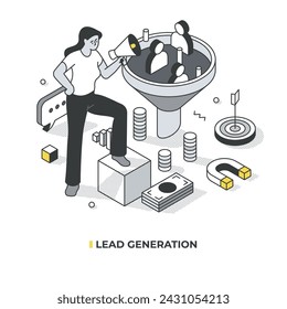 Lead generation. Woman influencer confidently stands with a megaphone near the sales funnel, attracting customers, increasing business profit. Digital marketing concept. Isometric linear illustration