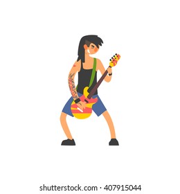 Lead Guitarist Vector Illustration In Primitive Cartoon Childish Style Isolated On White Background