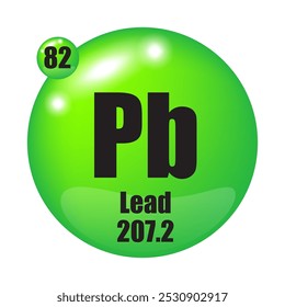 Lead icon. Pb chemical element. Atomic number 82. Mass 207.2. Green sphere image. Vector symbol.