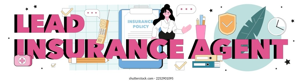Lead insurance agent typographic header. Contract of security of property and life from potential damage. Healthcare and medical service expences reimbursement. Flat vector illustration
