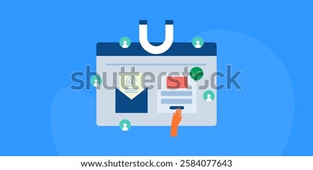Lead magnet, Lead generation strategy, Website lead capture campaign, Email list building, Website ads for customer data collection - vector illustration background with icons