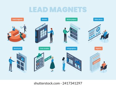 Lead magnet materials, forms, tools. Isometric illustration set of brochure, ebook, report, white paper, infographic, slide deck, case study images