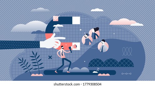 Lead magnet as personal contact data details gathering method flat tiny persons concept. Customer database growing as marketing strategy vector illustration. Abstract free trial and samples promotion.