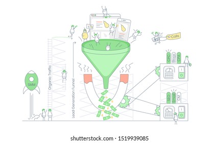 Lead Magnet Pulling People To The Sales Funnel, Infographic Process Of E-commerce Inbound Lead Generation, Conversion User Journey And Converting Customers In Money. Flat Thin Line Vector Illustration