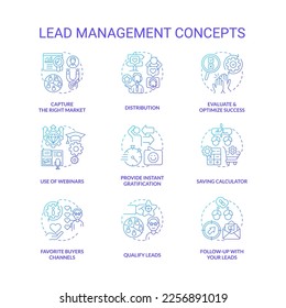 Lead management blue gradient concept icons set. Connect with buyers. Marketing strategy for business idea thin line color illustrations. Isolated symbols. Roboto-Medium, Myriad Pro-Bold fonts used