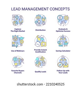 Lead management concept icons set. Connect with buyers. Marketing strategy for business idea thin line color illustrations. Isolated symbols. Editable stroke. Roboto-Medium, Myriad Pro-Bold fonts used
