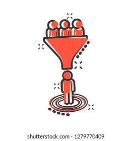 Lead management icon in comic style. Funnel with people vector cartoon illustration pictogram. Target client business concept splash effect.
