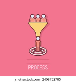 Lead management icon in comic style. Funnel with people vector cartoon illustration pictogram. Target client business concept splash effect.