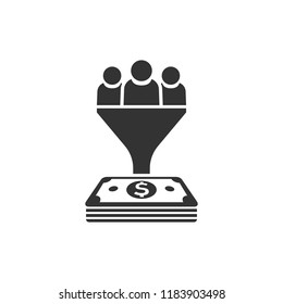 Lead management icon in flat style. Funnel with people, money vector illustration on white isolated background. Target client business concept.