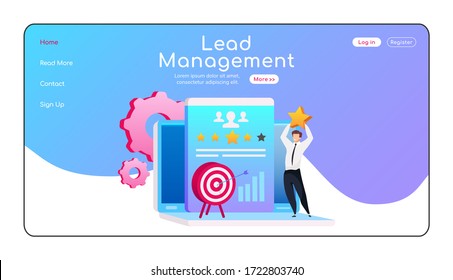 Lead management landing page flat color vector template. Smiling man standing on laptop homepage layout. CRM system one page website interface with cartoon character. Customer data web banner, webpage