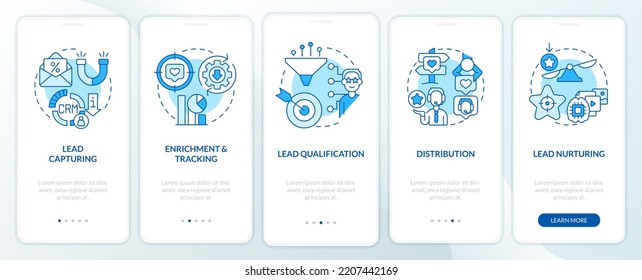Lead management process blue onboarding mobile app screen. Promotion walkthrough 5 steps editable graphic instructions with linear concepts. UI, UX, GUI template. Myriad Pro-Bold, Regular fonts used