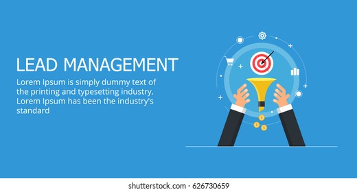 Lead management, sales funnel optimization, lead capturing flat design vector banner with icons and texts isolated on blue background