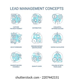 Juego de iconos de concepto turquesa de administración de plomo. Estrategia de marketing para ilustraciones de color de línea delgada de ideas empresariales. Símbolos aislados. Trazo editable. Fuentes Roboto-Medium, Myriad Pro-Bold utilizadas