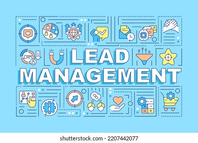 Lead management word concepts blue banner. Business strategy. Infographics with editable icons on color background. Isolated typography. Vector illustration with text. Arial-Black font used