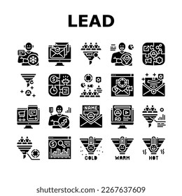 lead marketing generation icons set vector. business customer, strategy funnel, conversion digital, internet sale, money magnet lead marketing generation glyph pictogram Illustrations