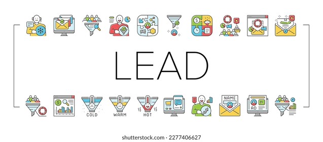 lead marketing generation icons set vector. business customer, strategy funnel, conversion digital, internet sale, money magnet lead marketing generation color line illustrations