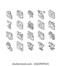 lead marketing generation isometric icons set. business customer, strategy funnel, conversion digital, internet sale, money magnet lead marketing generation color line