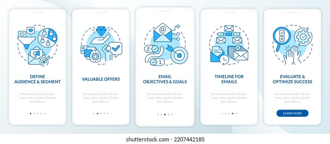 Lead nurturing campaign blue onboarding mobile app screen. Contacts walkthrough 5 steps editable graphic instructions with linear concepts. UI, UX, GUI template. Myriad Pro-Bold, Regular fonts used