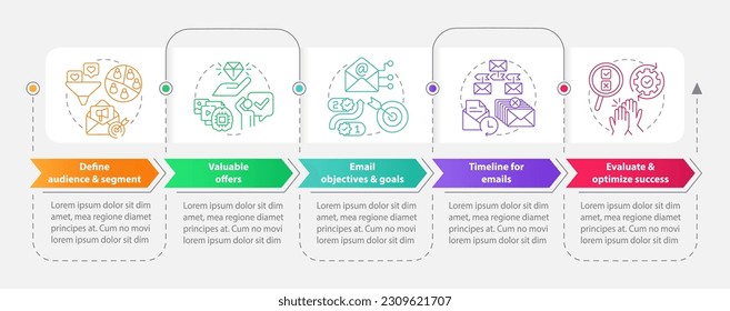 Lead nurturing campaign rectangle infographic template. Contacts. Data visualization with 5 steps. Editable timeline info chart. Workflow layout with line icons. Myriad Pro-Bold, Regular fonts used