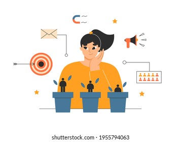 Lead Nurturing, Qualification, Customer Generation Concept. Marketing Manager Growing New Leads, Customer Base. Sales Conversion, Target Audience, Sales Management. Isolated Flat Vector Illustration