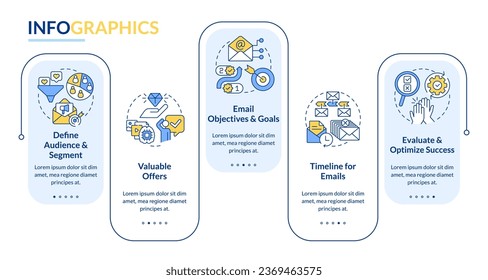 Lead nurturing strategy rectangle infographic template. Contacts. Data visualization with 5 steps. Editable timeline info chart. Workflow layout with line icons. Lato-Bold, Regular fonts used