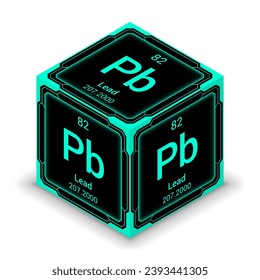 Lead (Pb) (082) - Fundamental Element Futuristic Cybernetic Cube Block Isometric View, Icon Isolated White Background, Periodic Table, Chemical Symbol, Name, Atomic Mass, Atomic Number