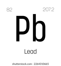 Lead, Pb, periodic table element with name, symbol, atomic number and weight. Heavy metal with various industrial uses, such as in batteries, plumbing, and as a component of certain alloys.