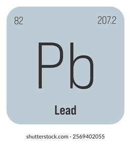 Lead, Pb, periodic table element with name, symbol, atomic number and weight. Heavy metal with various industrial uses, such as in batteries, plumbing, and as a component of certain alloys.