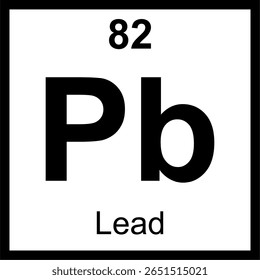 Quadro periódico de elementos de chumbo (Pb). Ícone com número atômico 82. Um metal pesado denso e tóxico usado para proteção contra radiação e em baterias.