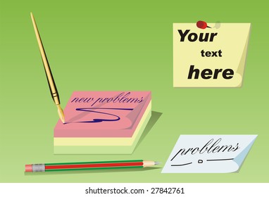 Lead pencil with eraser in green background. A fountain pen and notes with "new problems" written on it.