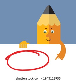 Lead pencil holding a blank sheet and pointing on red empty frame. Cartoon character with face. Flat style vector illustration on gray background. 