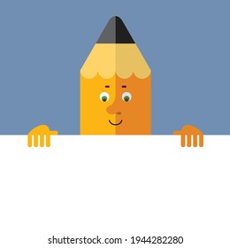 Lead pencil holding a blank sheet. Cartoon character with face. Flat style vector illustration on gray background. 