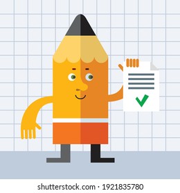 Lead pencil holding check list. Cartoon character with face. Flat style vector illustration on squared notebook background. 