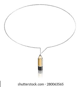 Lead Pencil with Reflection Drawing Oval Speech Bubble on White Background