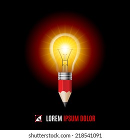 Lead pencil with shining light bulb on its top. Idea and creativity concept on black