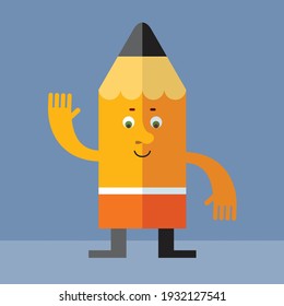 Lead pencil waving hand. Cartoon character with face. Vector flat style illustrationFlat style vector illustrationundefined