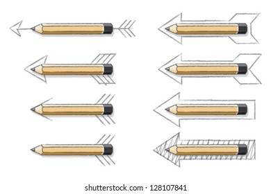 Lead Pencils Overlaying Various Drawn Arrows on White Background - Vector