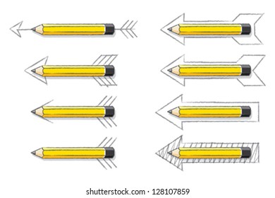 Lead Pencils Overlaying Various Drawn Arrows on White Background - Vector