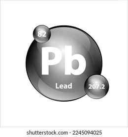 Plomo, Plumbum (Pb) elemento químico Estructura de iconos forma redonda circulo gris, plata, negro fácilmente. Tabla periódica Firma con número atómico. Estudio en ciencia para la educación. Vector de ilustración 3D.