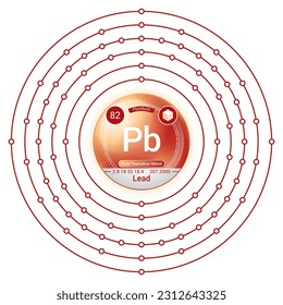 Lead (Plumbum) (Pb) Element, Sphere Electron Shell Bohr Model Design, Atomic Structure, Atomic Number, Proton, Neutron, Electron, Element Symbol, Atomic Mass, Phase at STP.