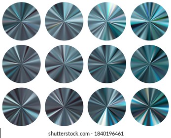 Lead radial metallic gradient ui button elements vector set. Polished bright swatches. Banner metal gradient texture templates. Label backgrounds material design.
