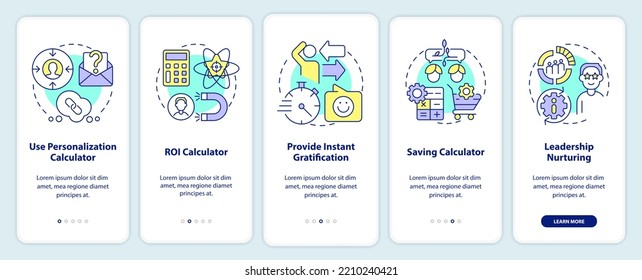 Lead retention onboarding mobile app screen. Marketing walkthrough 5 steps editable graphic instructions with linear concepts. UI, UX, GUI template. Myriad Pro-Bold, Regular fonts used