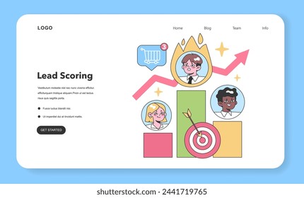 Lead scoring visualization with diverse professionals ranked, showcasing potential buyers and target audience strategy. Flat vector illustration