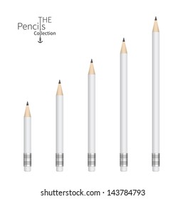 Lead silver pencils various length on white background. Vector Illustration.