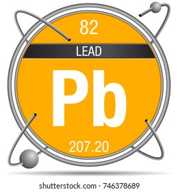 Lead symbol  inside a metal ring with colored background and spheres orbiting around. Element number 82 of the Periodic Table of the Elements - Chemistry 