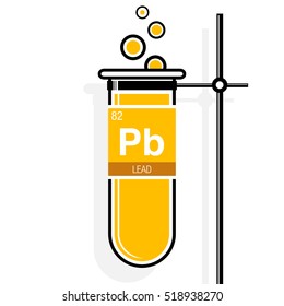 Lead symbol on label in a yellow test tube with holder. Element number 82 of the Periodic Table of the Elements - Chemistry