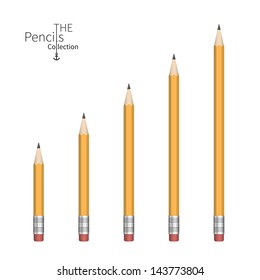 Lead yellow pencils various length on white background. Vector Illustration.
