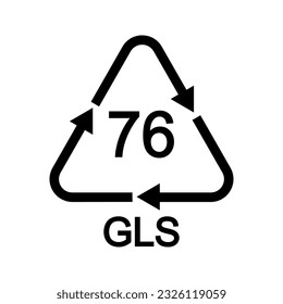 Leaded glass recycling sign in triangular shape with arrows. 76 GLS reusable icon isolated on white background. Environmental protection concept. Vector graphic illustration