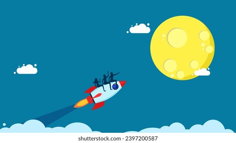 Leader above the clouds. team of businessmen controls a rocket to the moon 
